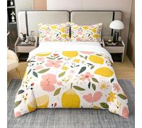 Homewish Coton Citron Parure de Lit 220x240,Été Citron Doux Léger Housse de Couette Fruits Tropicaux Literie Set Décoration de Chambre Feuilles Fleurs Lit Set Décoration avec 2 Taies d'oreiller