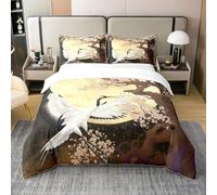 Homewish Coton Dentelle Grue Literie Set 220x240,Ukiyo E Japonais Ensemble Confort Fleurs Vintage avec Lune Housse de Couette Fleur de Cerisier Japonais Culture Asiatique Couette Toute La Saison