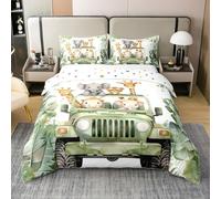 Homewish Coton Dessin Animé Girafe Literie Set 140x200,1 Taie d'oreiller,Éléphant Housse de Couette,Thème Animal Parure de Lit,Camion Linge de Lit,Plantes Tropicales Couvre Lit,Vert Blanc