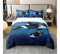 Homewish Coton Enfants Baleine Parure de Lit 220x240,Orque Housse de Couette Garçons Filles Animaux Marins Literie Monde sous Marin Literie Chambre Décoration avec Zip Cravate,Bleu Léger