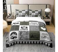 Homewish Coton Enfants Heureux Camping Couvre Lit 140x200 RV Camping Voitures Parure de Lit Buffle Vert Foncé Plaid Literie Thème Boisé Housse de Couette Garçon Fille,Léger