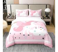Homewish Coton Enfants Licorne Couvre Lit,Kawaii Housse de Couette de Bande Dessinée,Ensemble de Lit Rose Pastel Décor,Animaux Sauvages Parure de Lit,Coeurs Colorés Housse de Couette 200x200