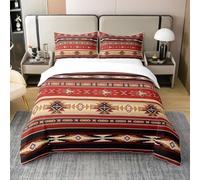 Homewish Coton, Ensemble de Literie Aztèque 240x260, Housse de Couette Flèche Tribale Ethnique, Parure de Lit Vintage Sud-Ouest, Ensemble de Lit Géométrique Rayures Diamant, Rouge Et Noir