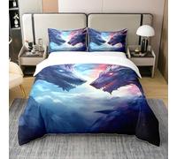 Homewish Coton, Ensemble de Literie Dragon 220x240, Housse de Couette Dragon de Glace et de Feu pour Enfant Garçon Ado Décoration de Chambre, Parure de Lit Faune Volante, Bleu et Rouge