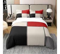 Homewish Coton, Ensemble de Literie Noir Rouge Beige, Housse de Couette 240x260 Rayures, Parure de Lit Motif Géométrique d'art Abstrait, Couvre Lit Rectangles Espace Art Vintage