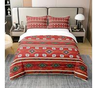 Homewish Coton, Ensemble de Literie Sud-Ouest 220x240, Housse de Couette Géométrique Boho, Parure de Lit Flèche Tribale Ethnique, Ensemble de Lit Occidental, Décoration Occidentale, Rouge