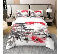 Homewish Coton Fuji Mountain Literie Set Japonais Style Rouge Soleil Housse de Couette Ukiyo E Thème Housse de Confort Mountain Cherry Fleur Encre Couverture de Lit 140x200 avec 1 Taie d'oreiller