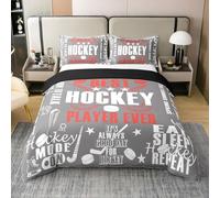 Homewish Coton Hockey sur Glace 140x200 Literie Set pour Garçons,Amateurs de Hockey sur Glace Housse de Couette,Jeux de Sports d'hiver Couvre Lit,Hockey sur Glace Étoile Bâton Parure de Lit,Gris