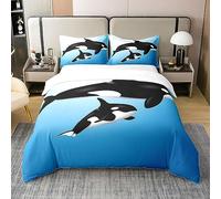 Homewish Coton, Housse de Couette 140x200 Baleine Océanique, Parure de Lit Orque pour Enfant, Ensemble de Literie Animaux des Profondeurs, Housse Couette Orque Hawaïen, Bleu Noir Blanc