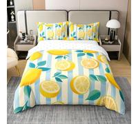 Homewish Coton Housse de Couette 140x200 Enfant Citron, Parure de Lit Fruit Peinture À l'huile, Sets de Housses de Couettes Bandes Géométriques, Couvre Lit Fruits Délicieux