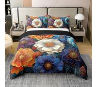 Homewish Coton Housse de Couette 140x200 Enfant Floral, Parure de Lit Fleurs Boho, Sets de Housses de Couettes pour Filles Garçons Jardin Pony Arc-en-Ciel Coloré Rêveux, Couvre Lit Or Blanc