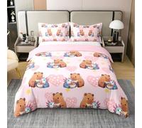 Homewish Coton Housse de Couette 140x200 Enfant Mignon Capybara Rose,Parure de Lit Filles Axolotl,Couvre Lit Femmes Hommes Capybara Nouilles d'alimentation Aux Salamandres Star Polka Dot Love Heart