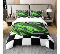 Homewish Coton Housse de Couette 140x200 Voiture de Sport Vert Garçon Ensembles de Literie Voiture de Course, Parure de Lit Sports Extrêmes pour Enfant Ado, Décor de Grilles Noir et Blanc