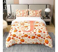 Homewish Coton Housse de Couette 200x200 Enfant Autumn Rustique,Parure de Lit Lettre Initiale J Citrouille,Sets de Housses de Couettes Monogramme,Couvre Lit Garçons Filles Cabine de Ferme Orange