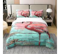 Homewish Coton Housse de Couette 200x200 Enfant Flamingo,Parure de Lit Animaux Sauvages de Flamingo Tropical,Literie Style de Ferme Rustique,Couvre Lit Porte de Grange Bleue Rose Vintage de Pays