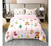 Homewish Coton Housse de Couette 200x200 Enfant Rose,Parure de Lit Belles d'ours de Bonhomme de Neige Mignonnes,Sets de Housses de Couettes Enfants Lumières de Noël Chaussettes d'arbre de Noël
