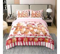 Homewish Coton Housse de Couette 200x200 Enfant Rouge de Noël, Parure de Lit Pain D'Épicerie Mignon, Sets de Housses de Couettes Homme de Pain D'Épicerie de Noël, Couvre Lit Grue de Bonbons Festifs