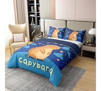 Homewish Coton Housse de Couette 220x240 Enfant Capybara Mignon,Parure de Lit Galaxie du Ciel Étoilé,Couvre Lit Enfants Filles Garçons Nuit Noire Étoile Impression Charmant Castor Animaux Sauvages