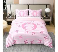 Homewish Coton Housse de Couette 220x240 Enfant Nœud Rose Parure de Lit Bows Princesse Rêveur Sets de Housses de Couettes Lettre Personnalisée O Couvre Lit Bows rayés Girly