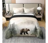 Homewish Coton Housse de Couette 220x240 Enfant Ours de Chasse,Parure de Lit Wild Woodland Faune Sauvage,Couvre Lit Forêt Brumeuse Verte Filles Garçons Adultes Ferme Rustique Pinier de Montagne