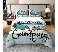 Homewish Coton, Housse de Couette 220x240 Happy Camping, Ensemble de Literie Camping-Car, Parure de Lit Rustique Ferme, Accessoires de Literie pour Le Camping, Vintage en Bois Colorée