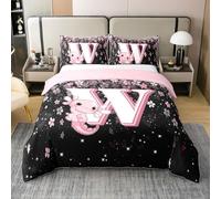 Homewish Coton Housse de Couette 240 x 260 Enfant Alphabet Noir Rose W,Parure de Lit avec Design Axolotl Mignon Fleur de Cerisier Japonais,Sets de Housses de Couettes Axolotl Mignon Lettre Initiale