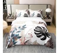 Homewish Coton Housse de Couette 240 x 260 Enfant Feuilles de Palmier,Parure de Lit Au Milieu du Siècle,Couvre Lit Minimaliste Abstrait Rayé Feuille de Ginkgo Botanique Tropicale,Or Noir Bleu