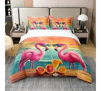 Homewish Coton Housse de Couette 240 x 260 Enfant Flamingo Drôle,Parure de Lit Animaux Sauvages de Flamingo Tropical,Literie Thème de Vacances À La Plage de L'Océan,Couvre Lit Style Hawaïen D'Été