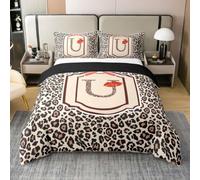 Homewish Coton Housse de Couette 240 x 260 Enfant Imprimé Léopard | Parure de Lit Rouge Nœud Et Lèvres Sets de Housses de Couettes Léopard Imprimer Lettre U Couvre Lit