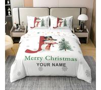 Homewish Coton Housse de Couette 240 x 260 Enfant Joyeux Noël Nom Personnalisé,Parure de Lit Bonhomme de Neige Lettre Initiale J,Couvre Lit Arbres de Noël Personnalisés Flocon de Neige Magique D'Hiver