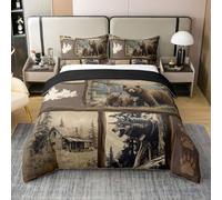 Homewish Coton Housse de Couette 240 x 260 Enfant Rustic Bear Plaid,Parure de Lit Forest Wolf,Sets de Housses de Couettes Maison de Campagne Woodland Animal Cabin Garçons Hommes Lodge Hunting
