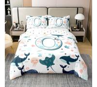Homewish Coton Housse de Couette 240 x 260 Enfant Thème Océan Mignon Parure de Lit Baleine Méduse de Dessin Animé Sets de Housses Lettre Initiale O Vie MarineDécor de Chambre Monde sous-Marin