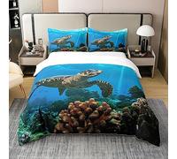 Homewish Coton, Housse de Couette 240x260 Tortue de Mer, Ensemble de Literie Imprimé Tortue, Parure de Lit Reptile, Housse Couette Monde sous-Marin, Couvre Lit Oasis Océan Animal, Doux