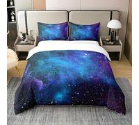 Homewish Coton, Housse de Couette Galaxie Violette 140x200, Ensemble de Literie Lune-Étoile, Parure de Lit Ciel Étoilé Espace Nuit, Nébuleuse Noire, Étoiles Cosmos, Bleu Marine
