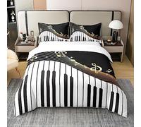 Homewish Coton, Housse de Couette Notes de Musique 220x240, Ensemble de Literie Touches de Piano, Parure de Lit Mélodie Classique pour Garçon Fille, Literie À Rayures Géométriques, Noire