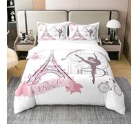 Homewish Coton, Housse de Couette Paris 220x240, Parure de Lit Gymnastique pour Filles Femmes, Ensemble de Literie Tour Eiffel Rose, Housse Couette Thème Romantique pour Saint-Valentin