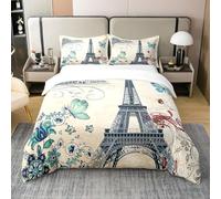 Homewish Coton, Housse de Couette Paris 240x260, Parure de Lit Papillon Sarcelle Vintage pour Enfants Filles Femmes, Ensemble de Literie Tour Eiffel Française, Cadeau de Saint-Valentin