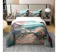 Homewish Coton Japonais Showa Style Confort Sleeve Sakura Spring Housse de Couette,Oriental Country Tradition Home & Nature Literie Set 220x240 Encre Shanshui Style Housse de Couette