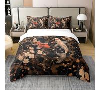 Homewish Coton Koi Housse de Couette Sakura Parure de Lit 220x240 Apanese Style Ukiyoe Literie Set Oriental Exotique Carpe Lit Set Vintage Housse de Couette Vintage avec 2 Taies d'oreiller