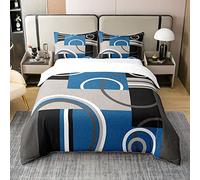Homewish Coton Lavé, Housse de Couette Cercles Abstraits 220x240, Ensemble de Literie Moderne Bleu Noir Gris, Parure de Lit À Carreaux Géométriques, Ensemble de Lit À Rayures Géométriques