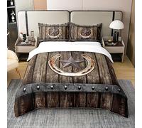 Homewish Coton Lavé Housse de Couette Ferme Rustique, Ensemble de Literie Étoile Rouillée du Texas, Parure de Lit Western Marron, Couvre Lit Bois en Fer À Cheval Décoration de La Maison, 220x240