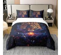 Homewish Coton Panthère Housse de Couette 140x200,Noir Brun Faune 3D Animaux Parure de Lit,Étoiles Brillantes Planète Lune Literie Set,Galaxie Cool Couvre Lit