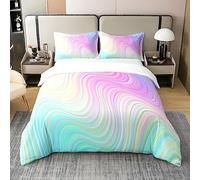 Homewish Coton, Parure de Lit 140x200 Enfant Arc en Ciel Pastel, Housse de Couette À Rayures Abstraites, Ensemble de Literie Tendance Marbrée Bleu Turquoise Rose Violet, Psychédélique