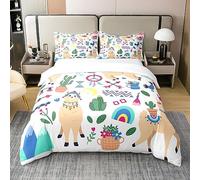 Homewish Coton, Parure de Lit 200x200 Enfant Lama, Housse de Couette Camper Alpaca Fleurs Cactus, Ensemble de Literie Attrape-Rêves Bohème, Housse Couette Rayures Géométriques Losange