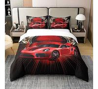 Homewish Coton, Parure de Lit Enfant Voiture de Sport Rouge, Housse de Couette 140x200 Voiture de Course Moderne pour Garçons Ados, Ensembles de Literie Voiture de Sport À Grande Vitesse