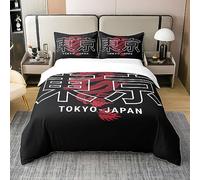 Homewish Coton, Parure de Lit Tokyo, Housse de Couette Japonaise 140x200, Ensemble de Literie Capitale du Japon, Housse de Couette Dragon Rouge Culture Orientale Tropicale, Noir
