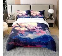 Homewish Coton Rose Sakura Housse de Couette 240 x 260,Asie de l'est Japonais pour Hommes et Femmes Ensemble de Literie Adulte,Lune et Fleurs Housse de Couette Star Sky Couvre Lit
