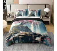 Homewish Coton Samouraï Japonais Housse de Couette 220x240,Cerisier de Style Japonais Parure de Lit,Ensemble de Literie de Pétales de Fleurs de Cascade,Rose Bleu Blanc Sakura Bushido Couvre Lit