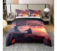 Homewish Coton Samouraï Japonais Housse de Couette 240 x 260,Sakura Arbre Japonais Parure de Lit,Coucher de Soleil Sakura Literie Set,Pétales Orange Rose Couvre Lit