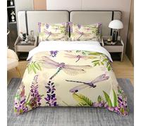 Homewish Coton Spring Fleur Housse de Couette Glycine Libellule Literie Set 200x200 Ferme Rustique Fleurs Violettes Femmes Chalet Vert Aquarelle Plante Feuille Housse de Couette